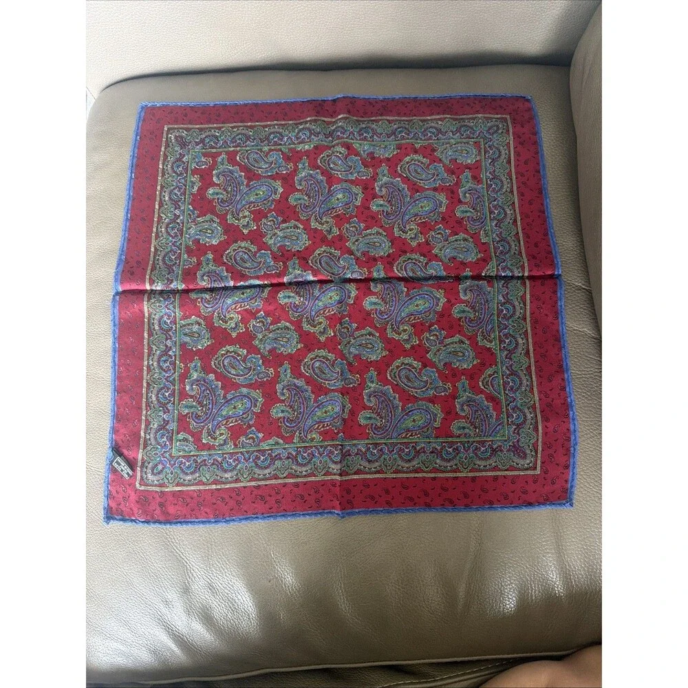 Vintage Silk Paisley Pocket Square Scarf Made in Italy Burgundy Blue Green 16x16